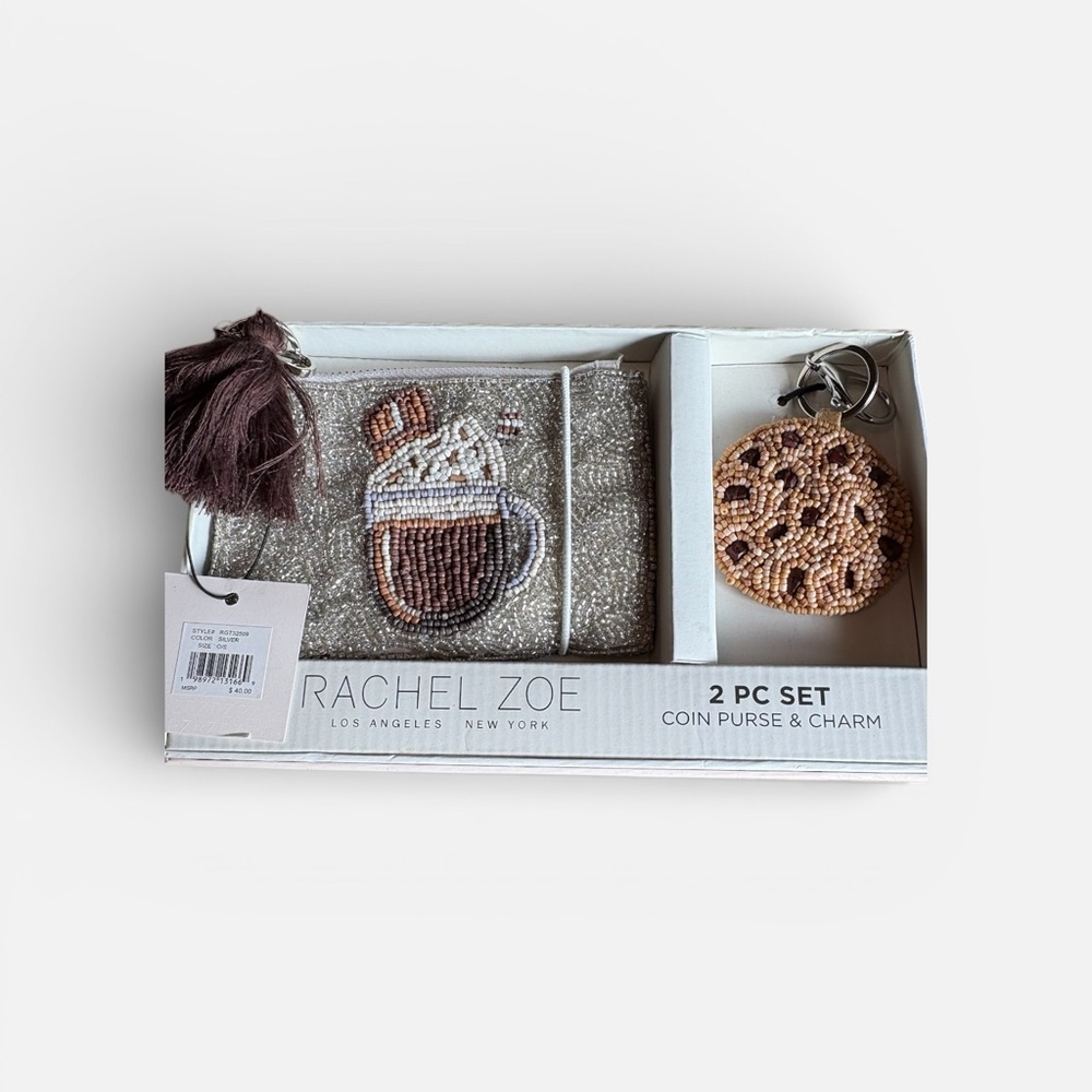 Rachel Zoe Beaded Coin Purse & Cookie Charm Set in Brown, Tan, White